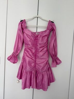 Lime Pink Ruched Long-Sleeve Mini Dress with Puff Sleeves